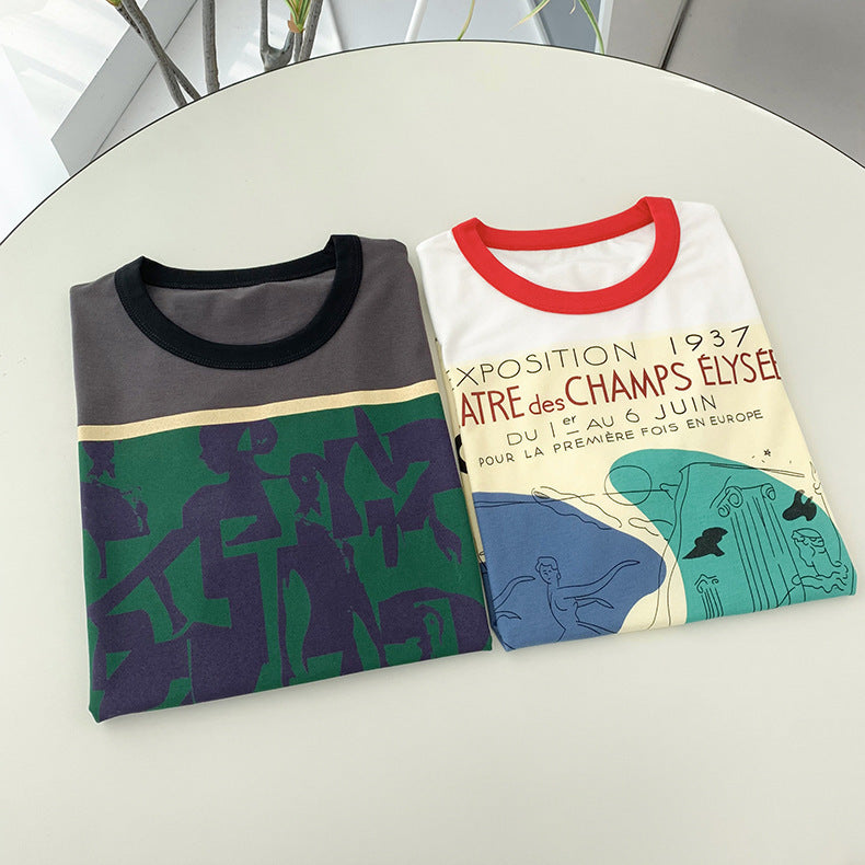 Cotton Loose Dancer Print T Couple Short Sleeve Cotton T-shirt Loose.