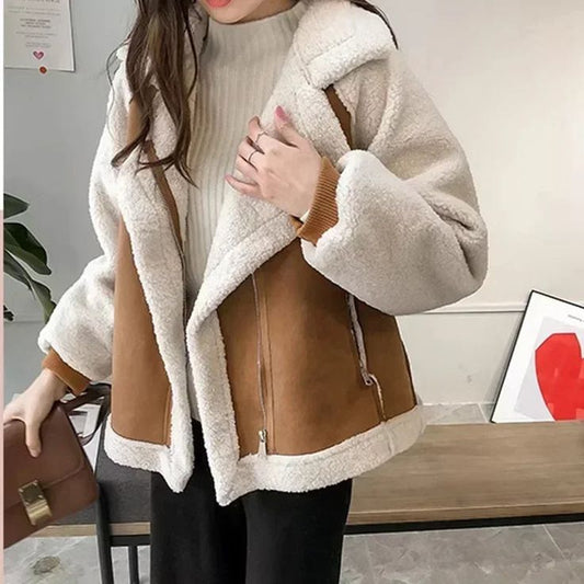 Suede Jacket Women Short Lamb Velvet Motorcycle Jacket
