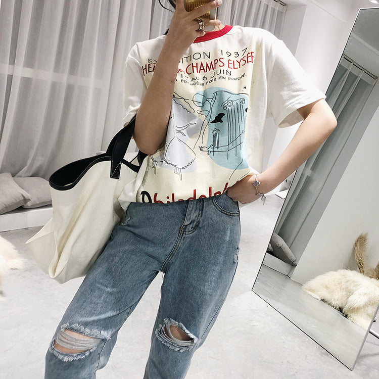 Cotton Loose Dancer Print T Couple Short Sleeve Cotton T-shirt Loose.
